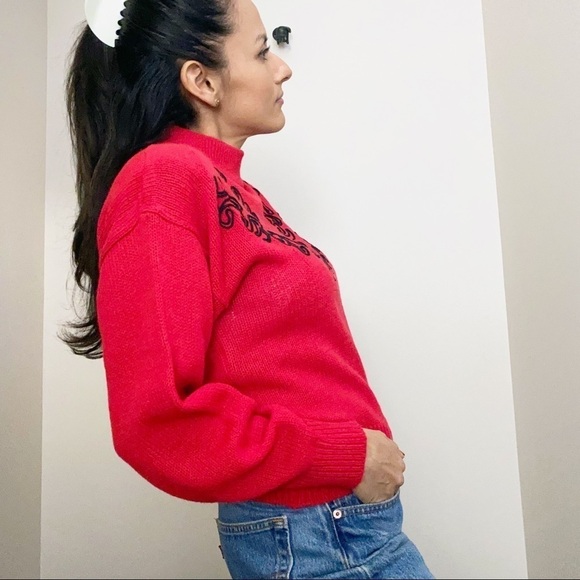 Vintage 80s Retro Knit Padded Shoulder Sweater Red - Picture 3 of 8